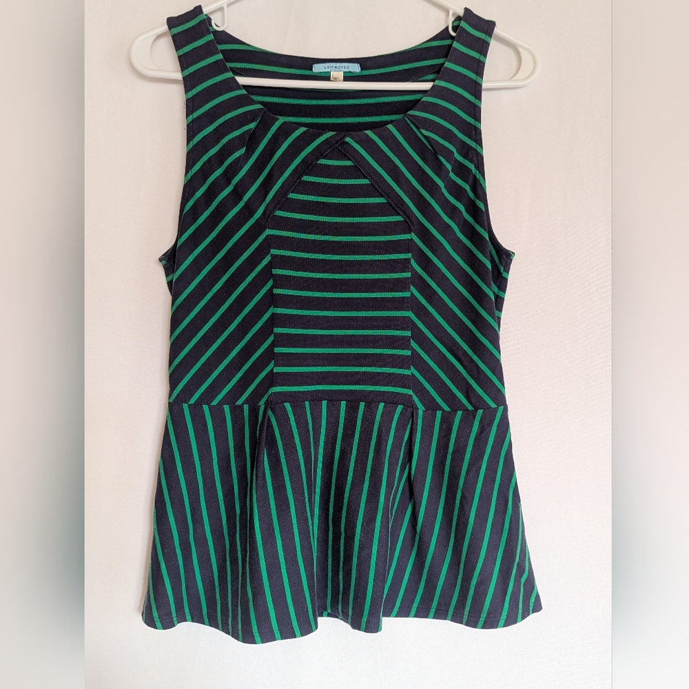 Leifnotes Women's Small Striped Green Navy Blue Cotton Top Sleeveless
